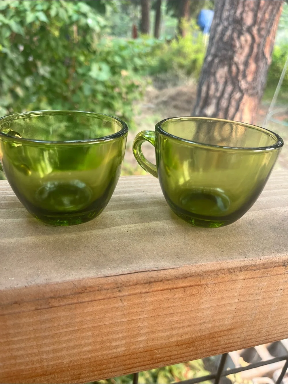 Vintage Indiana Glass, Sunburst, Avocado, Green Demi Mugs/Tea Cups Set of 2 Rare